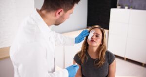 A woman who has lost the vision in her right eye due to a physical attack.